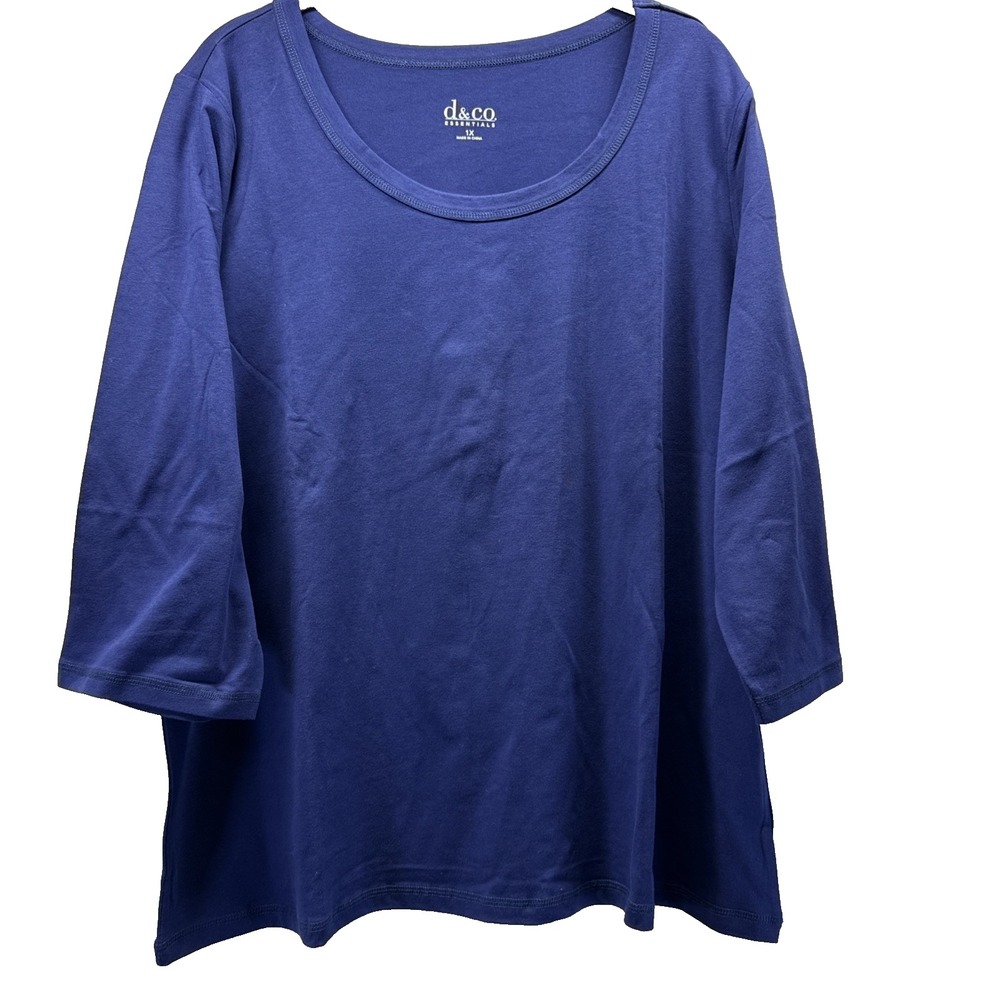 Denim & Co Women's Top Size 1X Plus Solid Royal Blue 3/4 Sleeve Pullover Cotton